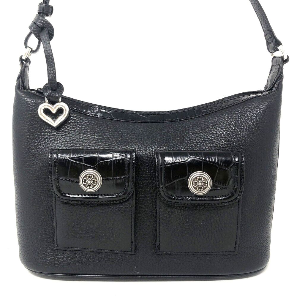 Brighton Queen of Love Pebbled Leather Shoulder Bag Black Y2k Croc Embossed Hobo